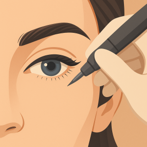 Ilustración de ojos con delineado invisible en proceso de micropigmentación.

