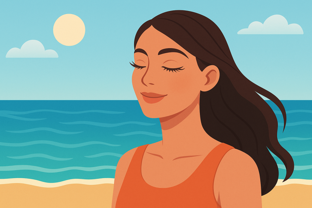 Mujer frente al mar mostrando pestañas realzadas de forma natural.