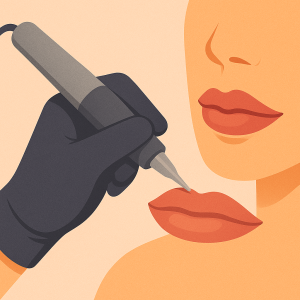 Mano profesional aplicando pigmento en labios con dermógrafo.