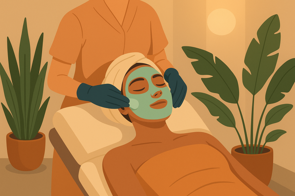 Mujer relajada en camilla recibiendo tratamiento facial en ambiente cálido.