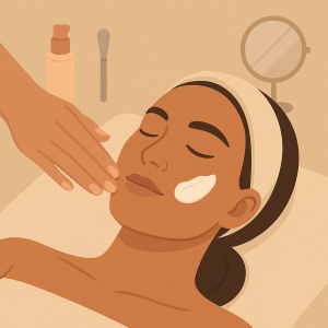 Mano aplicando producto facial en piel cuidada con detalle profesional.