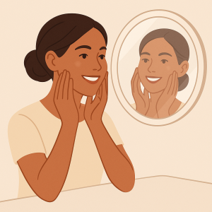Mujer sonriente frente al espejo mostrando piel luminosa tras tratamiento facial.